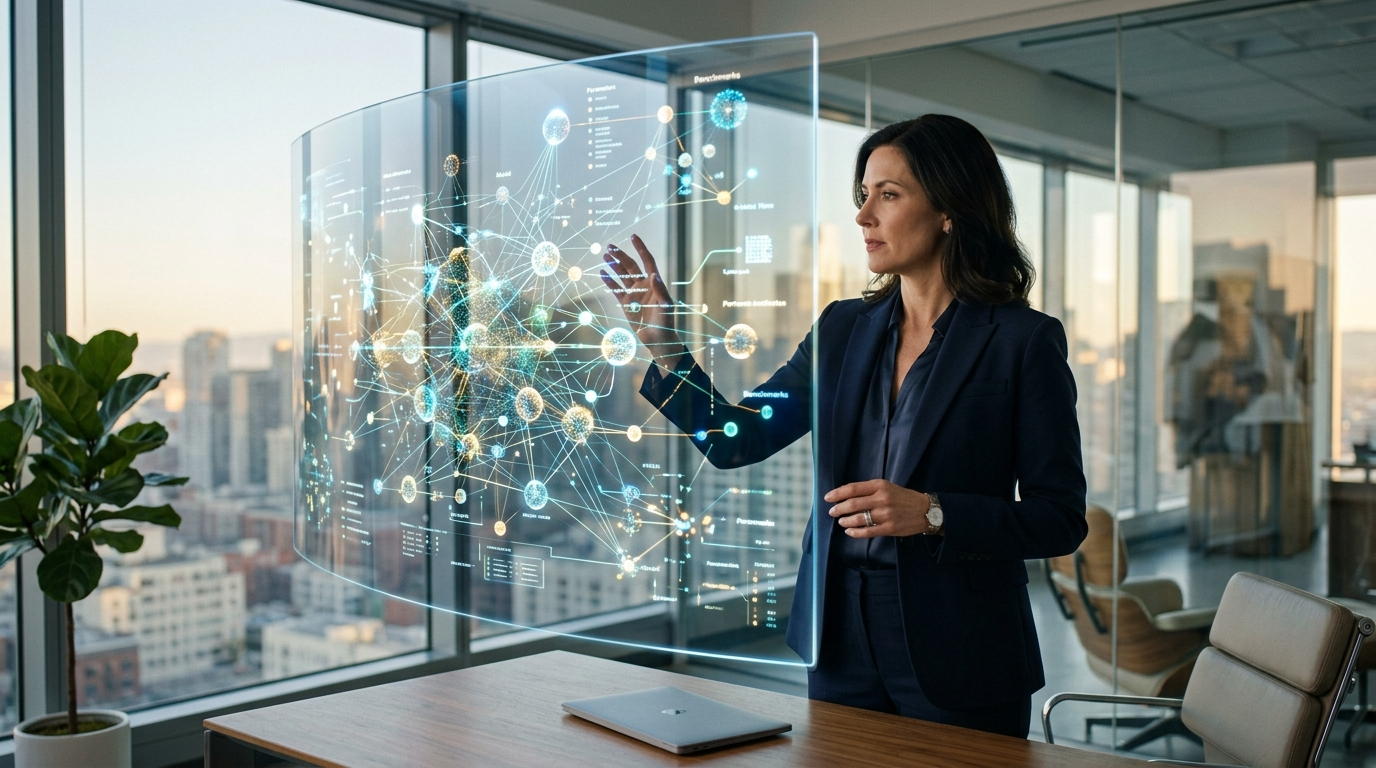 Executive reviewing competitive AI landscape and model benchmarks on an interactive display